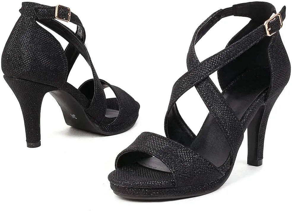 KOKOMOMO Womens Glitter High Heels Sparkly High Heel Strappy Wedding Sandals