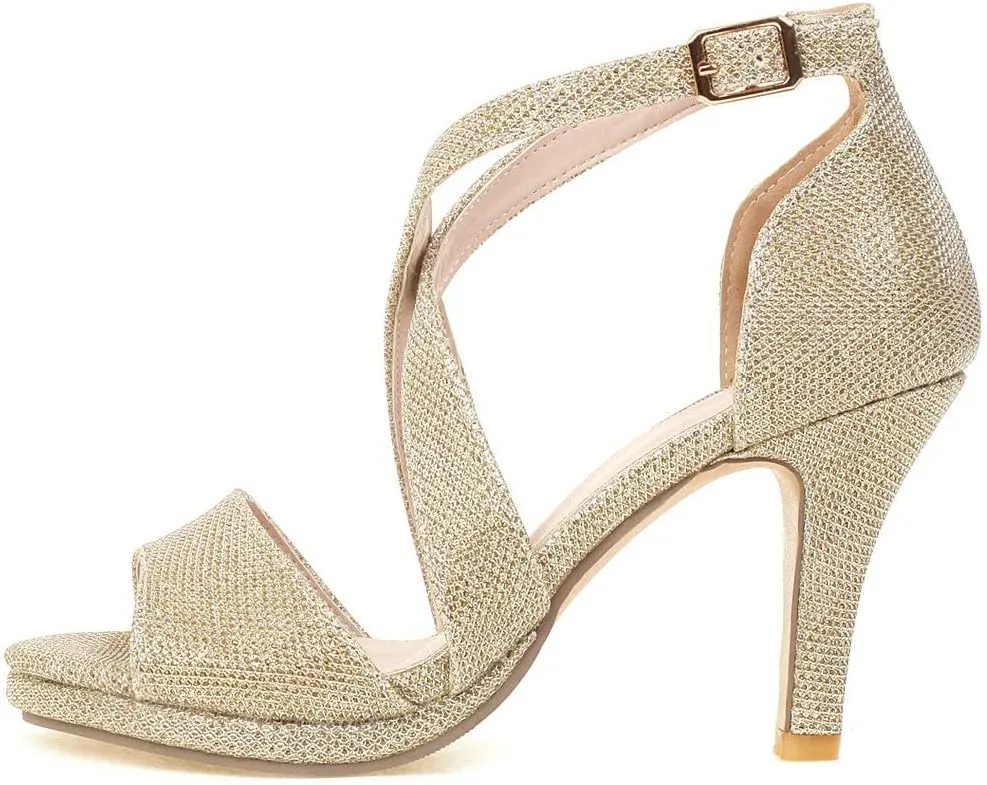 KOKOMOMO Womens Glitter High Heels Sparkly High Heel Strappy Wedding Sandals