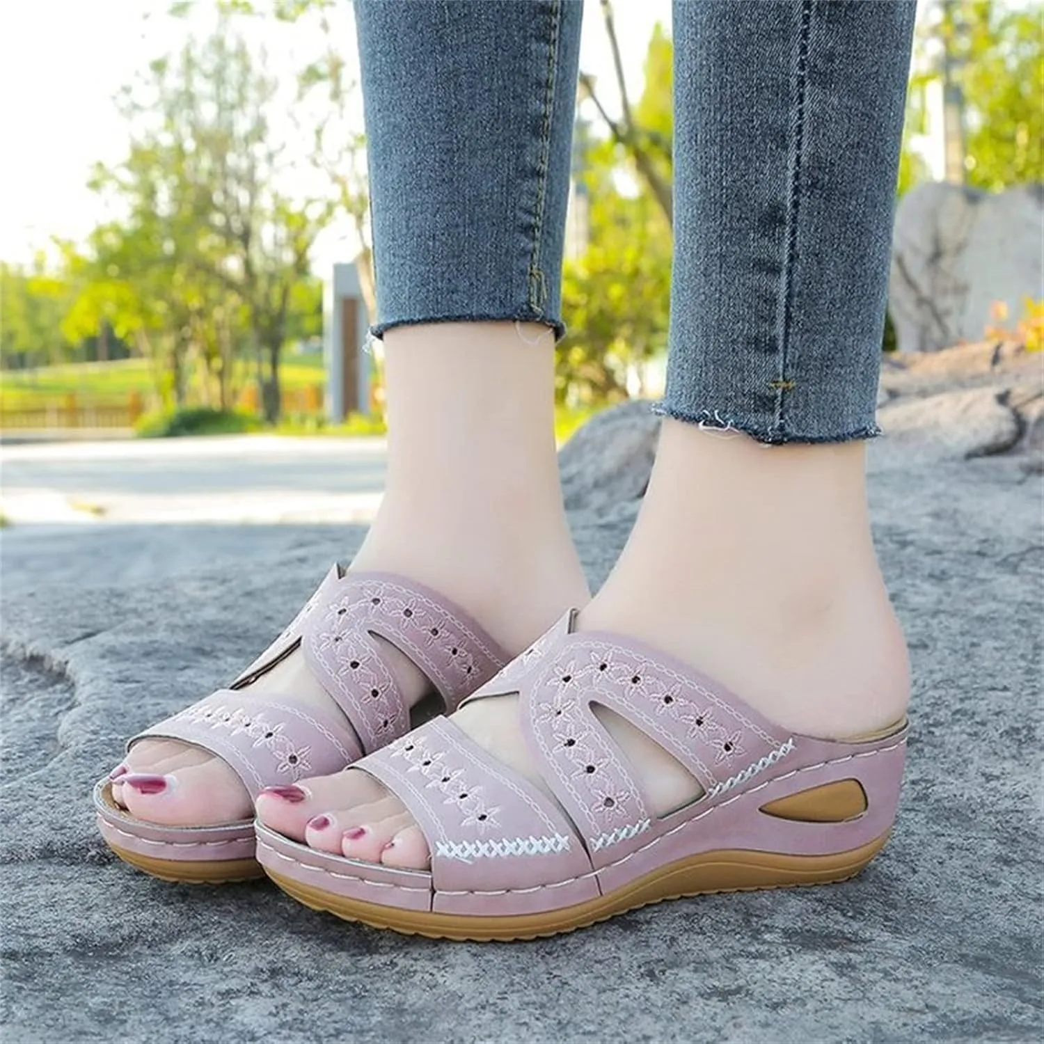 Lausiuoe Orthotic Sandals For Women With Arch Support Low Wedge Comfortable Orthopedic Flip Flops Dressy Summer Casual Slides