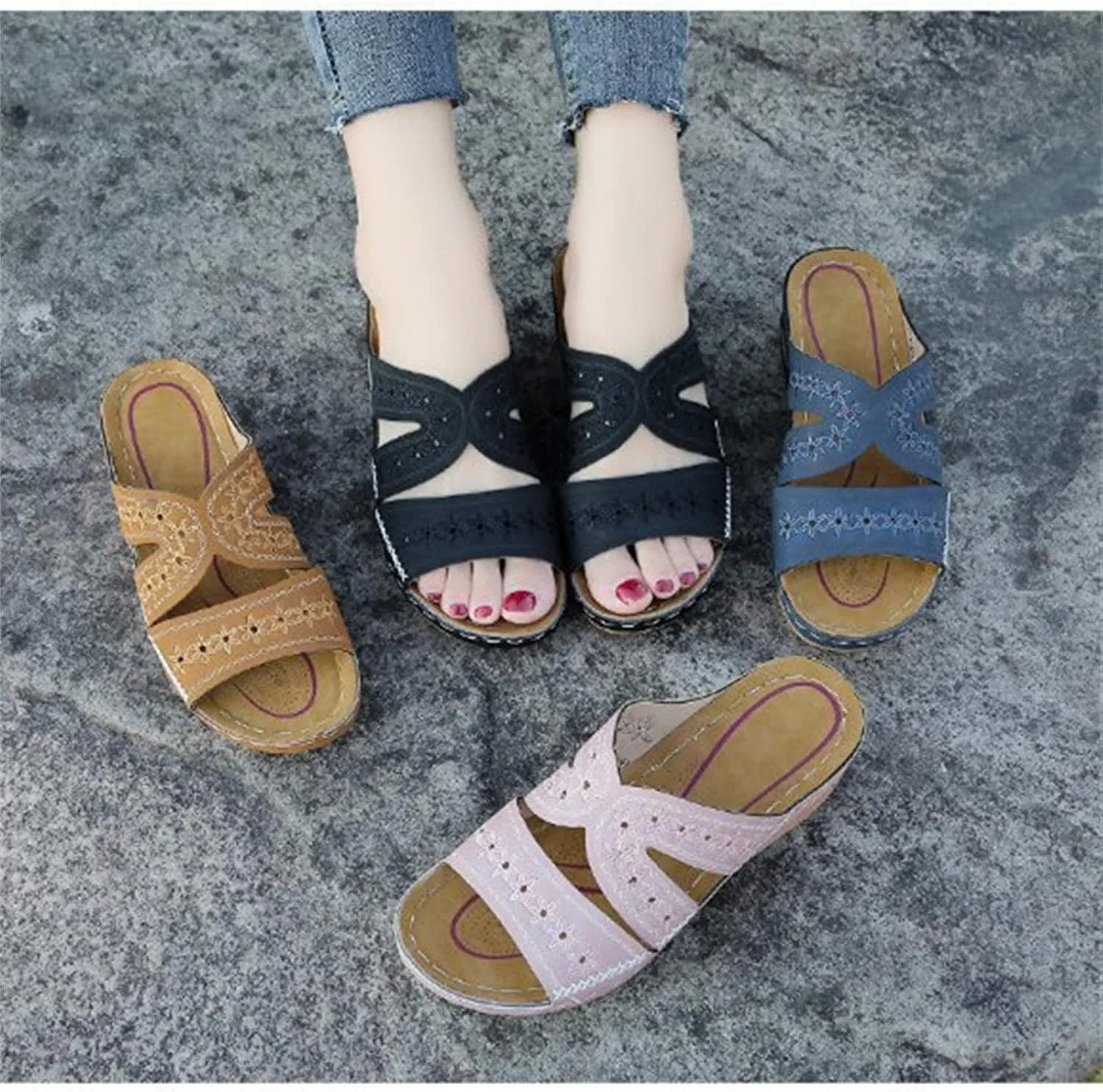 Lausiuoe Orthotic Sandals For Women With Arch Support Low Wedge Comfortable Orthopedic Flip Flops Dressy Summer Casual Slides