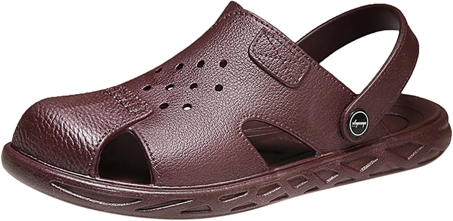 Men Summer Casual Leather Sandals Leather Beach Shoes Slip Closed Toe Sandals Men Slides Slippers