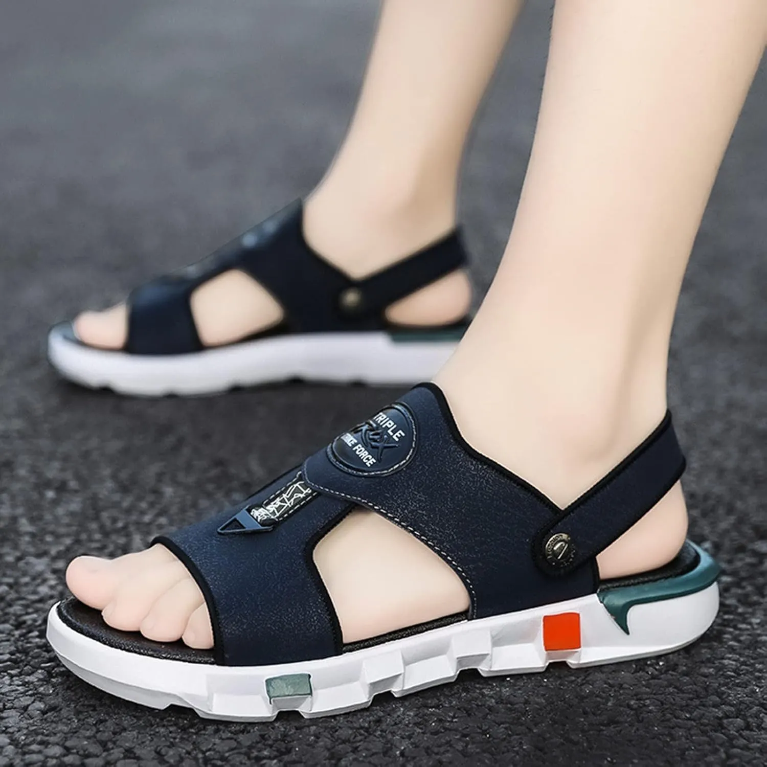 Men Summer Casual Leather Sandals Leather Beach Shoes Slip Open Toe Sandals Garnet Shoes