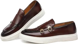 Men's Double Monk Strap Dress Sneakers, Casual Fashion Formal Business Patent Leather Dress Shoes