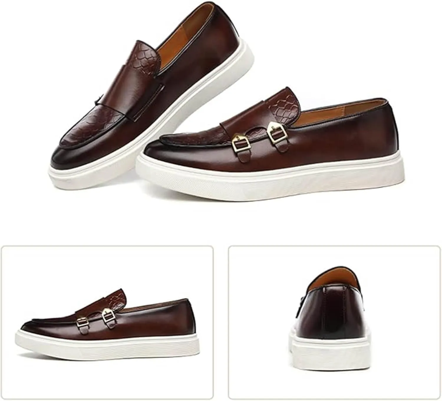 Men's Double Monk Strap Dress Sneakers, Casual Fashion Formal Business Patent Leather Dress Shoes