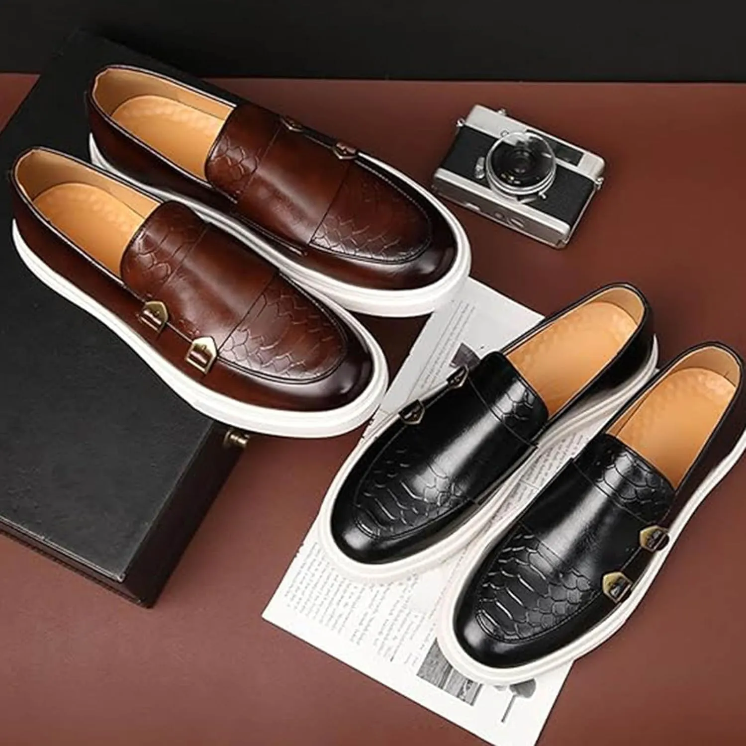 Men's Double Monk Strap Dress Sneakers, Casual Fashion Formal Business Patent Leather Dress Shoes