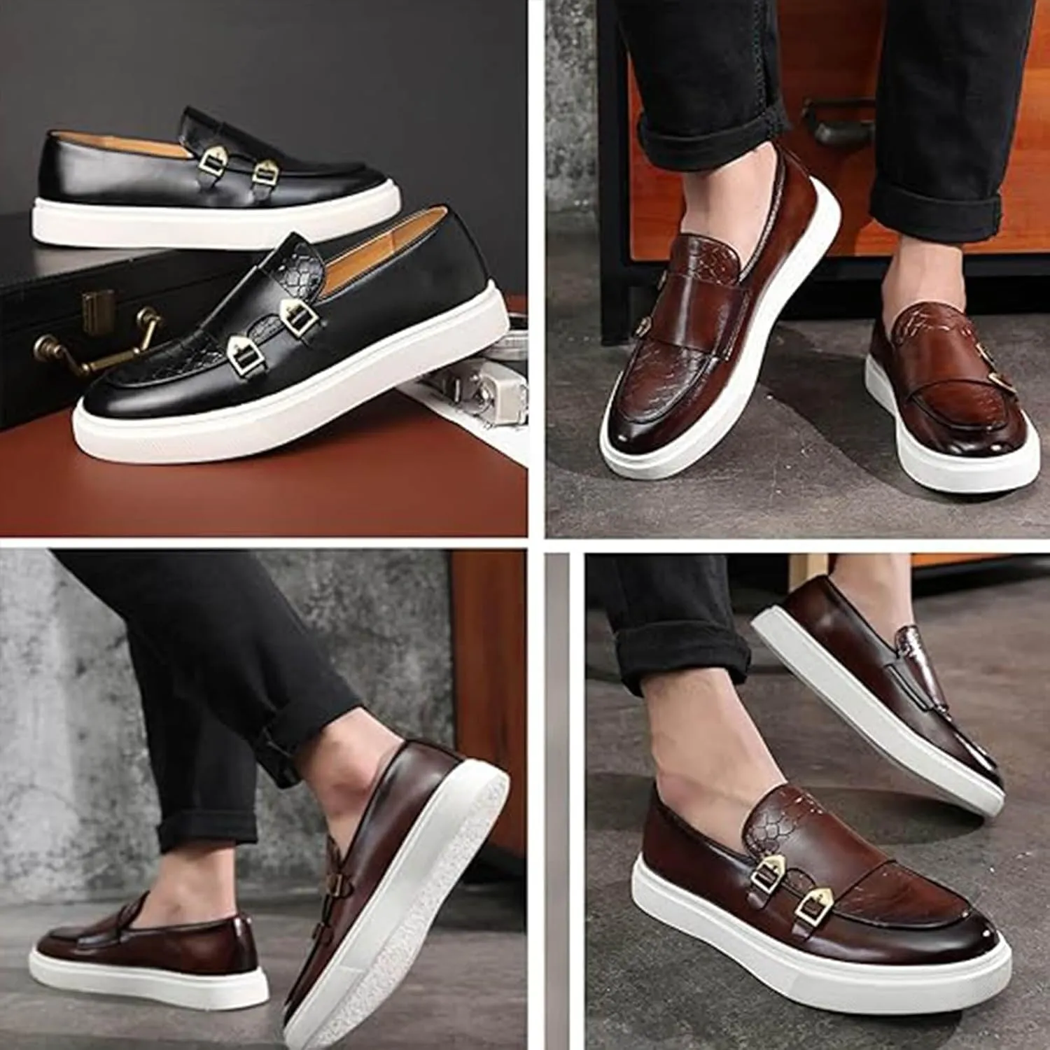 Men's Double Monk Strap Dress Sneakers, Casual Fashion Formal Business Patent Leather Dress Shoes