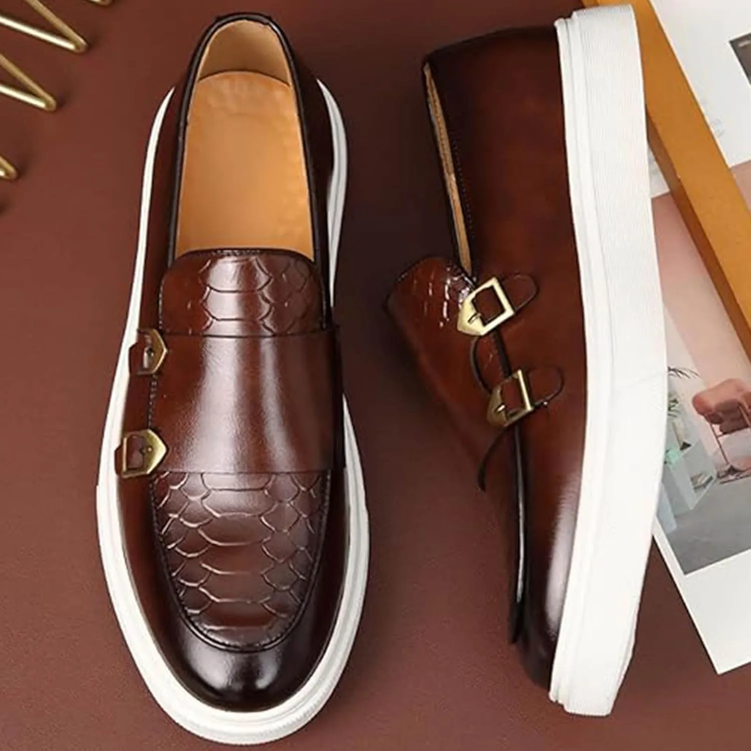Men's Double Monk Strap Dress Sneakers, Casual Fashion Formal Business Patent Leather Dress Shoes