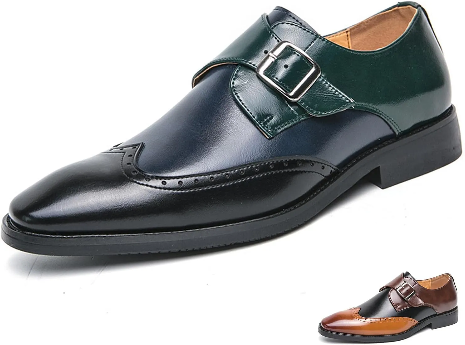 Men's Leather Two Tone Monk Strap Oxfords Wing Tips Brogues Dress Shoes for Office Work Business Derby Shoes