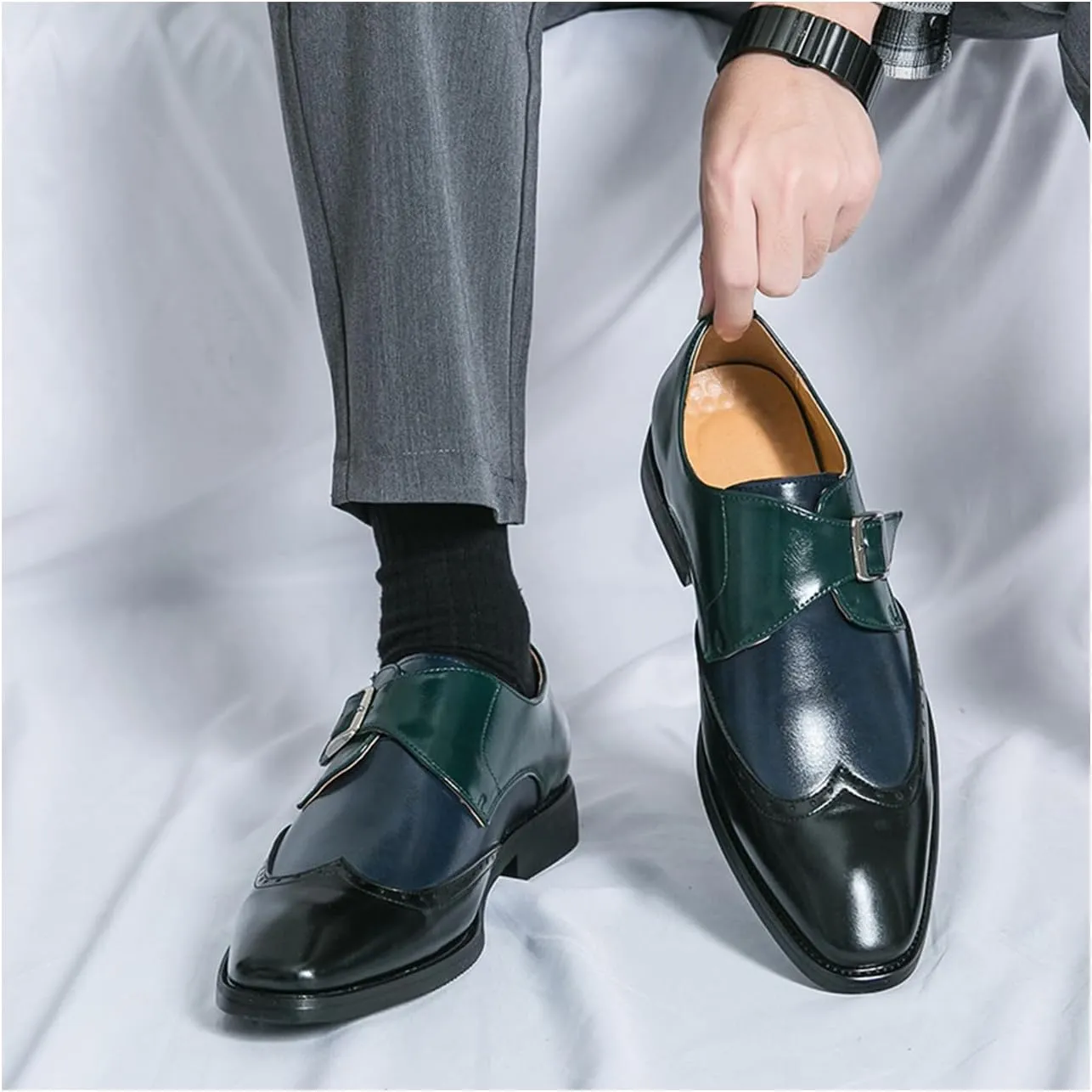 Men's Leather Two Tone Monk Strap Oxfords Wing Tips Brogues Dress Shoes for Office Work Business Derby Shoes