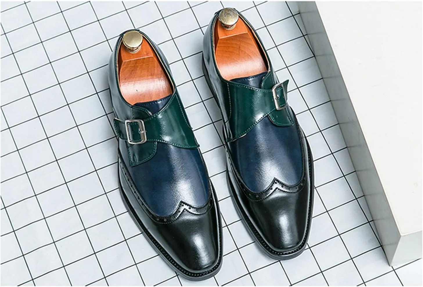 Men's Leather Two Tone Monk Strap Oxfords Wing Tips Brogues Dress Shoes for Office Work Business Derby Shoes
