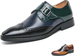 Men's Leather Two Tone Monk Strap Oxfords Wing Tips Brogues Dress Shoes for Office Work Business Derby Shoes