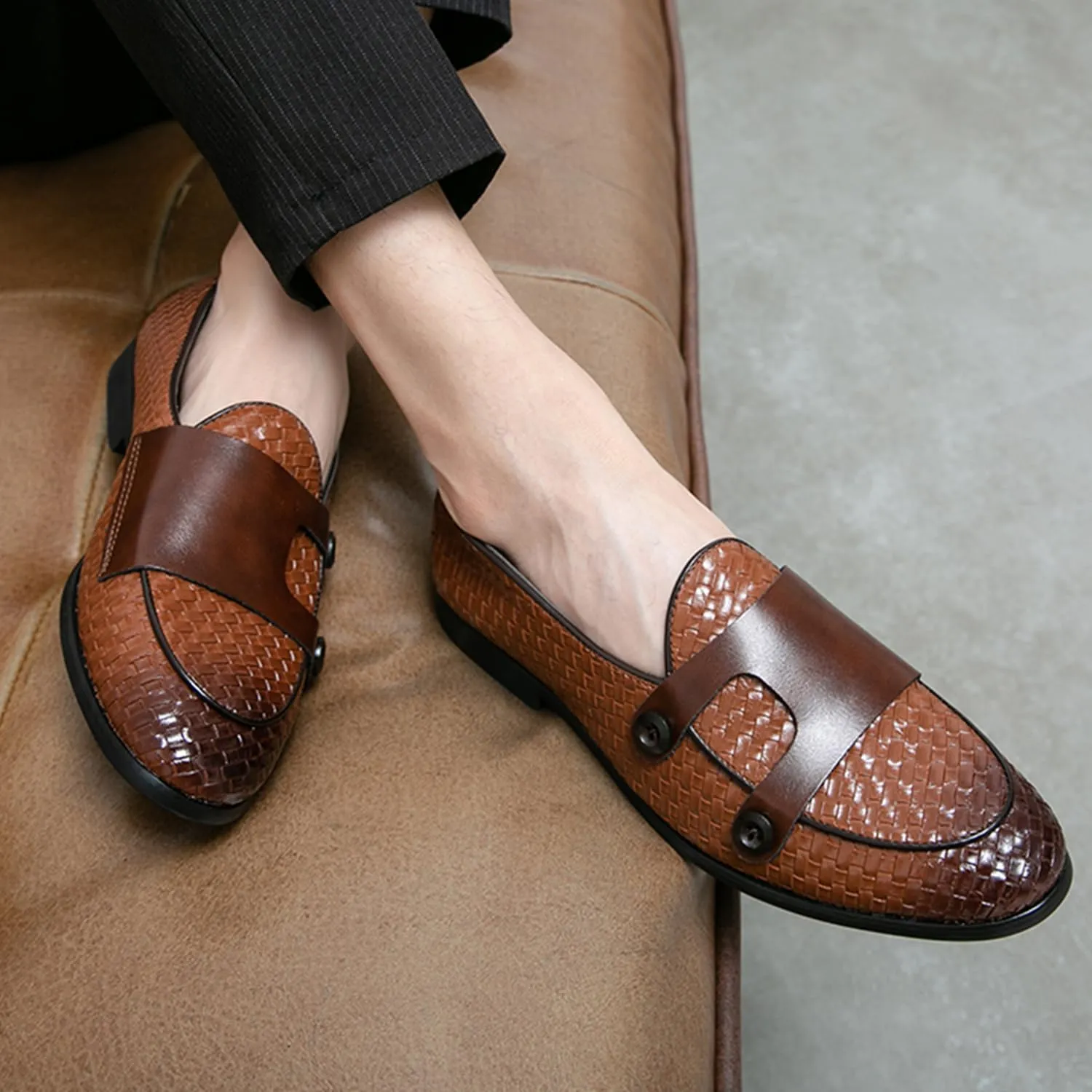 Men's Slip On Loafers Woven Leather Penny Loafers Double Monk Strap Driving Loafers Brown Classic Dress Shoes