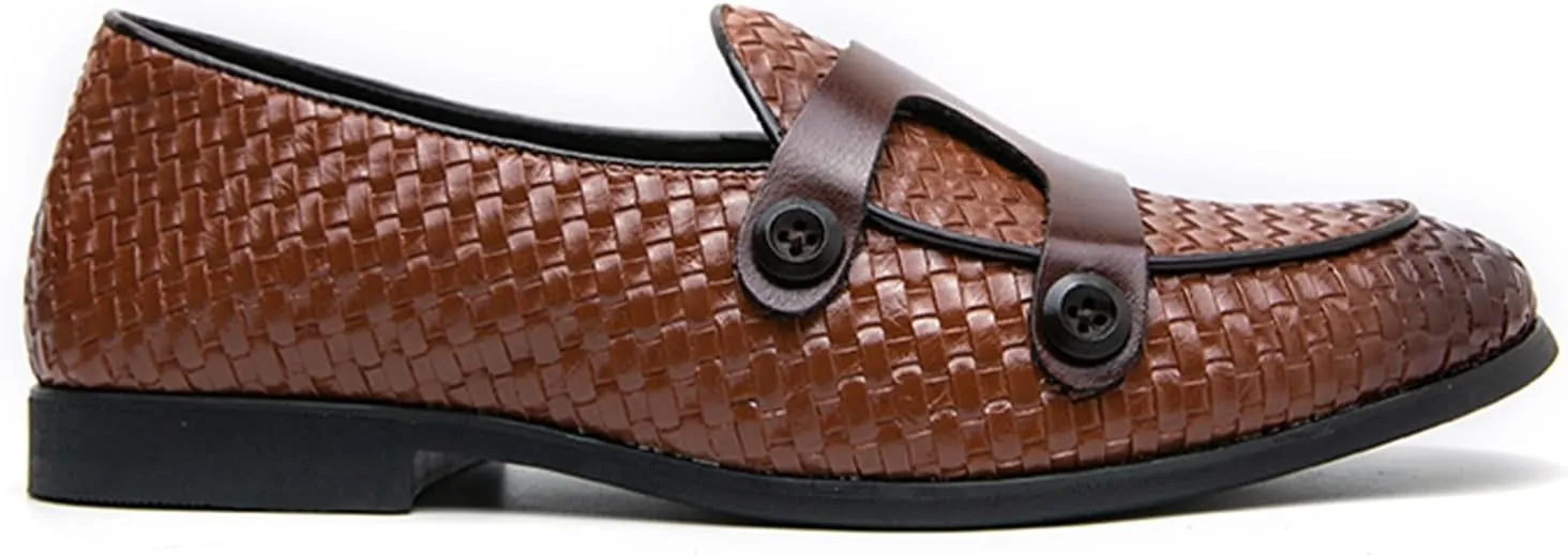 Men's Slip On Loafers Woven Leather Penny Loafers Double Monk Strap Driving Loafers Brown Classic Dress Shoes