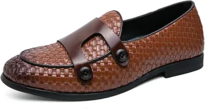 Men's Slip On Loafers Woven Leather Penny Loafers Double Monk Strap Driving Loafers Brown Classic Dress Shoes