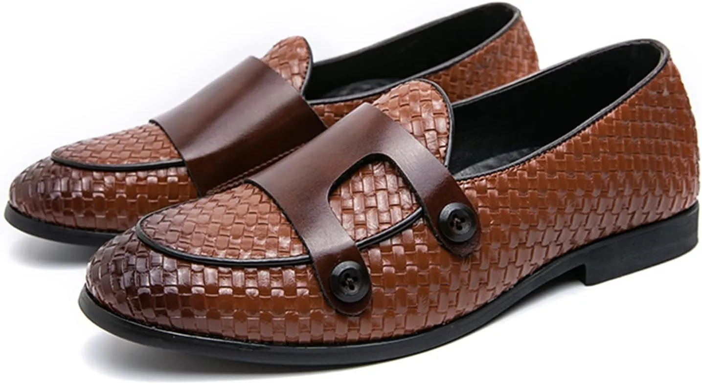Men's Slip On Loafers Woven Leather Penny Loafers Double Monk Strap Driving Loafers Brown Classic Dress Shoes
