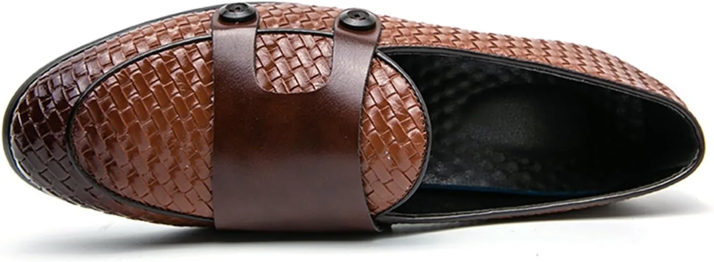 Men's Slip On Loafers Woven Leather Penny Loafers Double Monk Strap Driving Loafers Brown Classic Dress Shoes