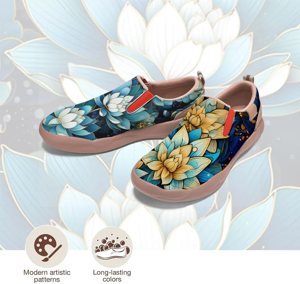 Men's Walking Travel Shoes Slip On Microfiber Casual Loafers Lightweight Comfort Fashion Sneaker Lotus Chinese Style