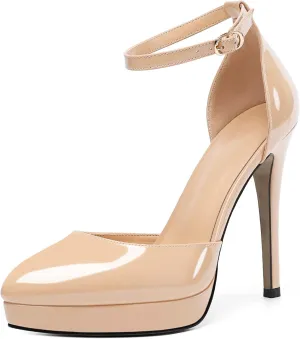 Mettesally Women's Platform Stiletto Pumps Pointed Toe Thin High Heels Ankle Strap Sandals Slip On Wedding Party Shoes