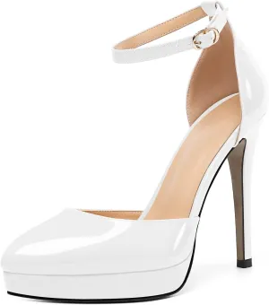 Mettesally Women's Platform Stiletto Pumps Pointed Toe Thin High Heels Ankle Strap Sandals Slip On Wedding Party Shoes