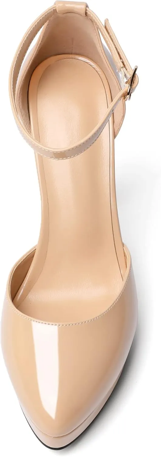 Mettesally Women's Platform Stiletto Pumps Pointed Toe Thin High Heels Ankle Strap Sandals Slip On Wedding Party Shoes