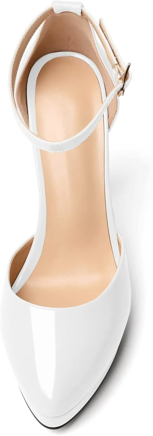 Mettesally Women's Platform Stiletto Pumps Pointed Toe Thin High Heels Ankle Strap Sandals Slip On Wedding Party Shoes