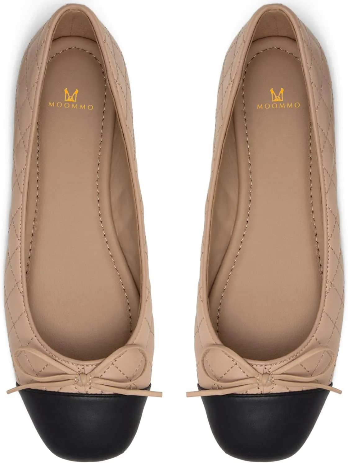 MOOMMO Women Cap Toe Flats Bow Slip On Ballet Flats Comfort Quilted Colorblock Flat Shoes Round Toe Flat Heel Dress Shoes Office Ladies Party Cute Driver Flats Chic Quilted Beige 6 M US