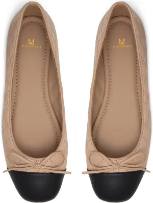 MOOMMO Women Cap Toe Flats Bow Slip On Ballet Flats Comfort Quilted Colorblock Flat Shoes Round Toe Flat Heel Dress Shoes Office Ladies Party Cute Driver Flats Chic Quilted Beige 6 M US