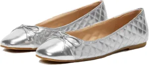 MOOMMO Women Cap Toe Flats Bow Slip On Ballet Flats Comfort Quilted Metallic Flat Shoes Round Toe Flat Heel Dress Shoes Office Ladies Party Chic Driver Flats Cute Quilted Silver Size 7 M US