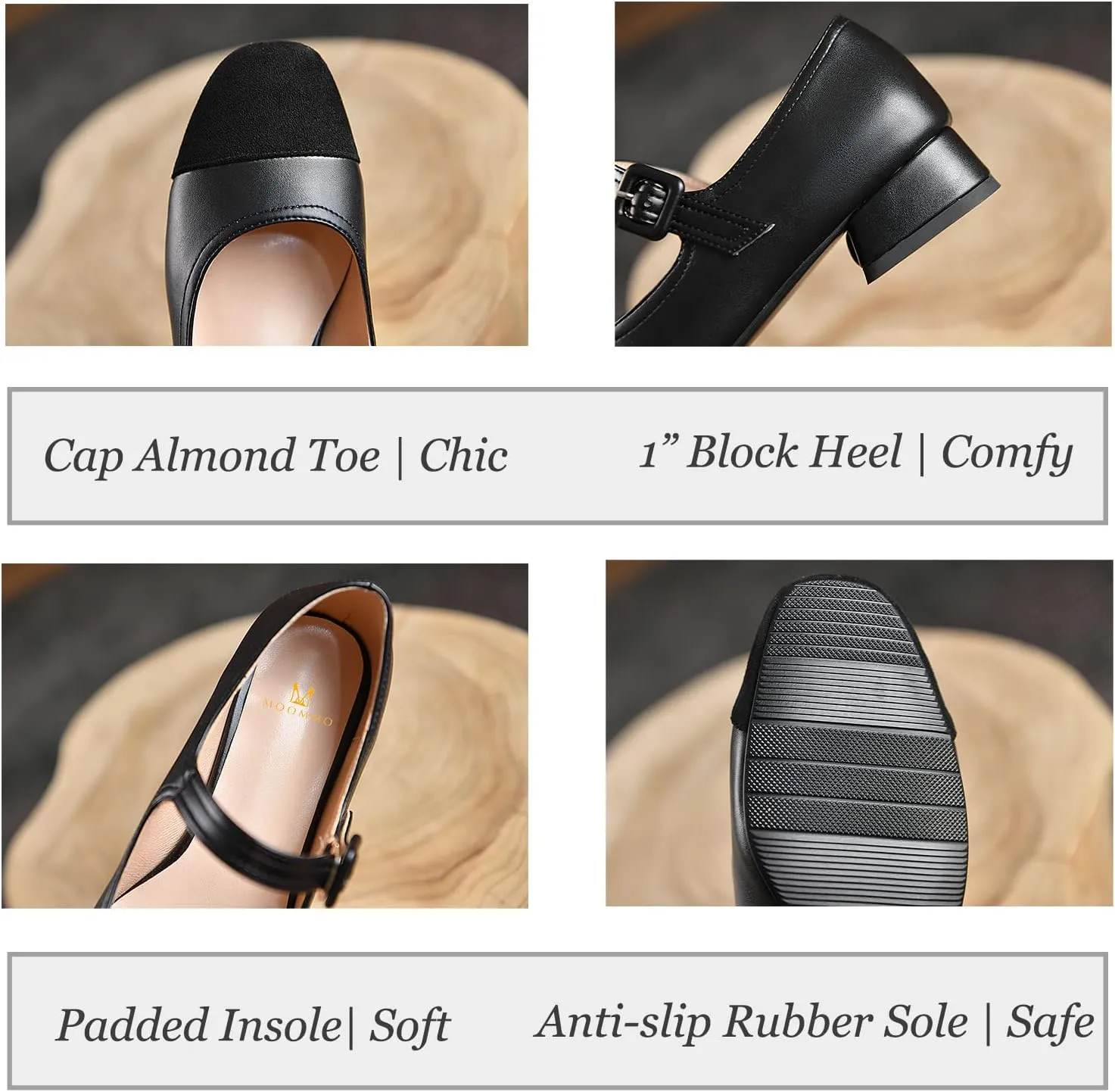 MOOMMO Women Elegant Ankle Strap Mary Jane Shoes Low Chunky Block Heel 1" Cap Toe Ballet Flats Two Tone Round Closed Toe Dress Sandals Buckle Patchwork Comfort Office Wedding Pump Chic Fall 4-10 M US