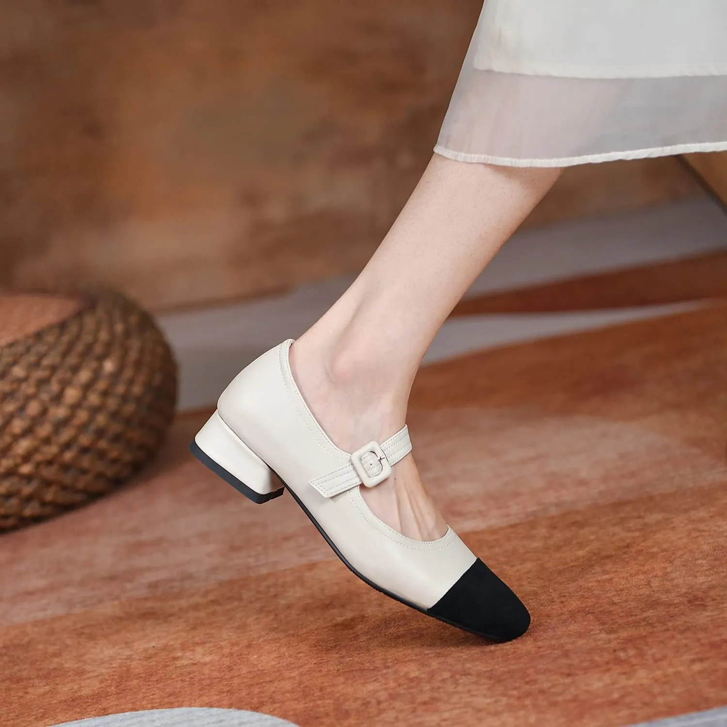 MOOMMO Women Elegant Ankle Strap Mary Jane Shoes Low Chunky Block Heel 1" Cap Toe Ballet Flats Two Tone Round Closed Toe Dress Sandals Buckle Patchwork Comfort Office Wedding Pump Chic Fall 4-10 M US