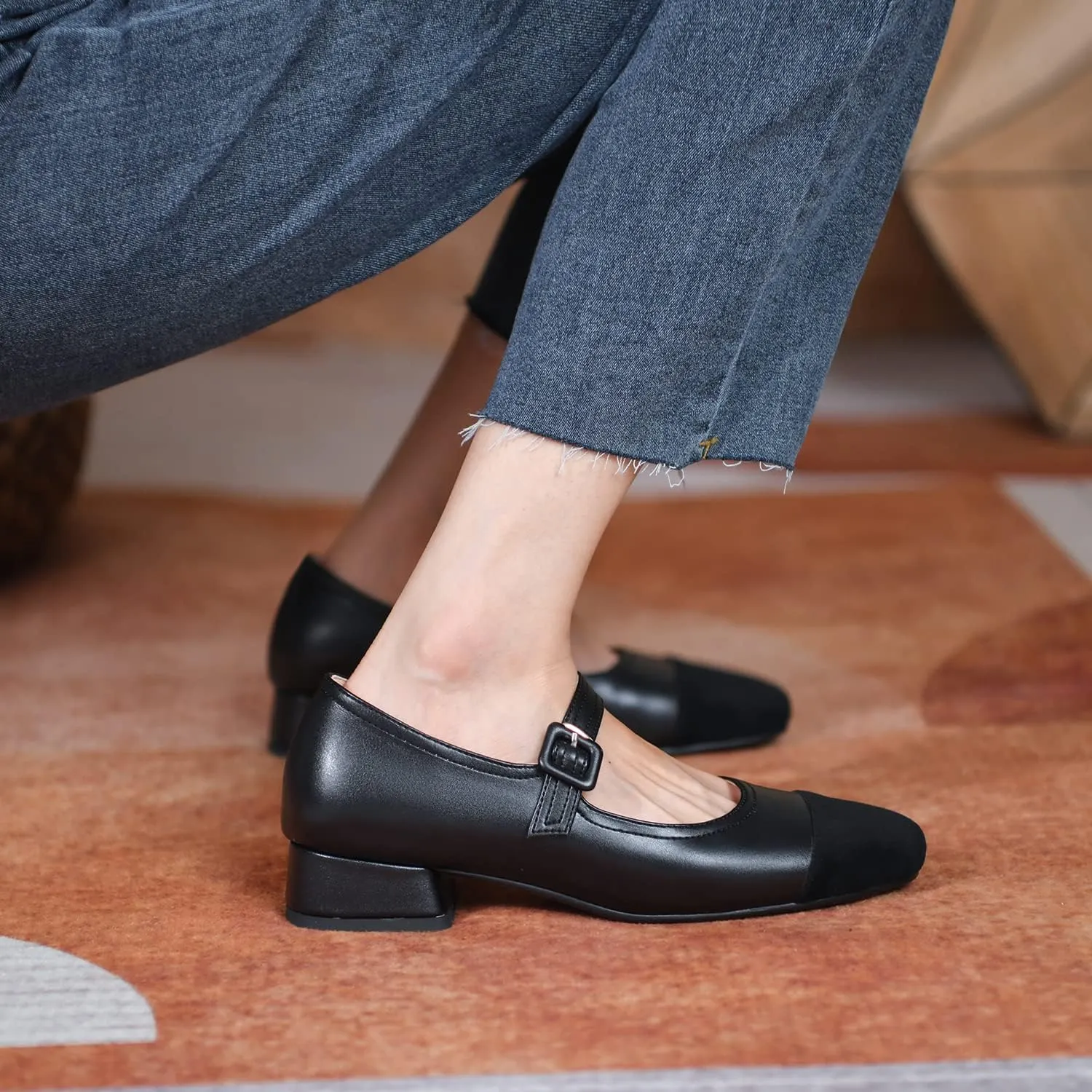 MOOMMO Women Elegant Ankle Strap Mary Jane Shoes Low Chunky Block Heel 1" Cap Toe Ballet Flats Two Tone Round Closed Toe Dress Sandals Buckle Patchwork Comfort Office Wedding Pump Chic Fall 4-10 M US