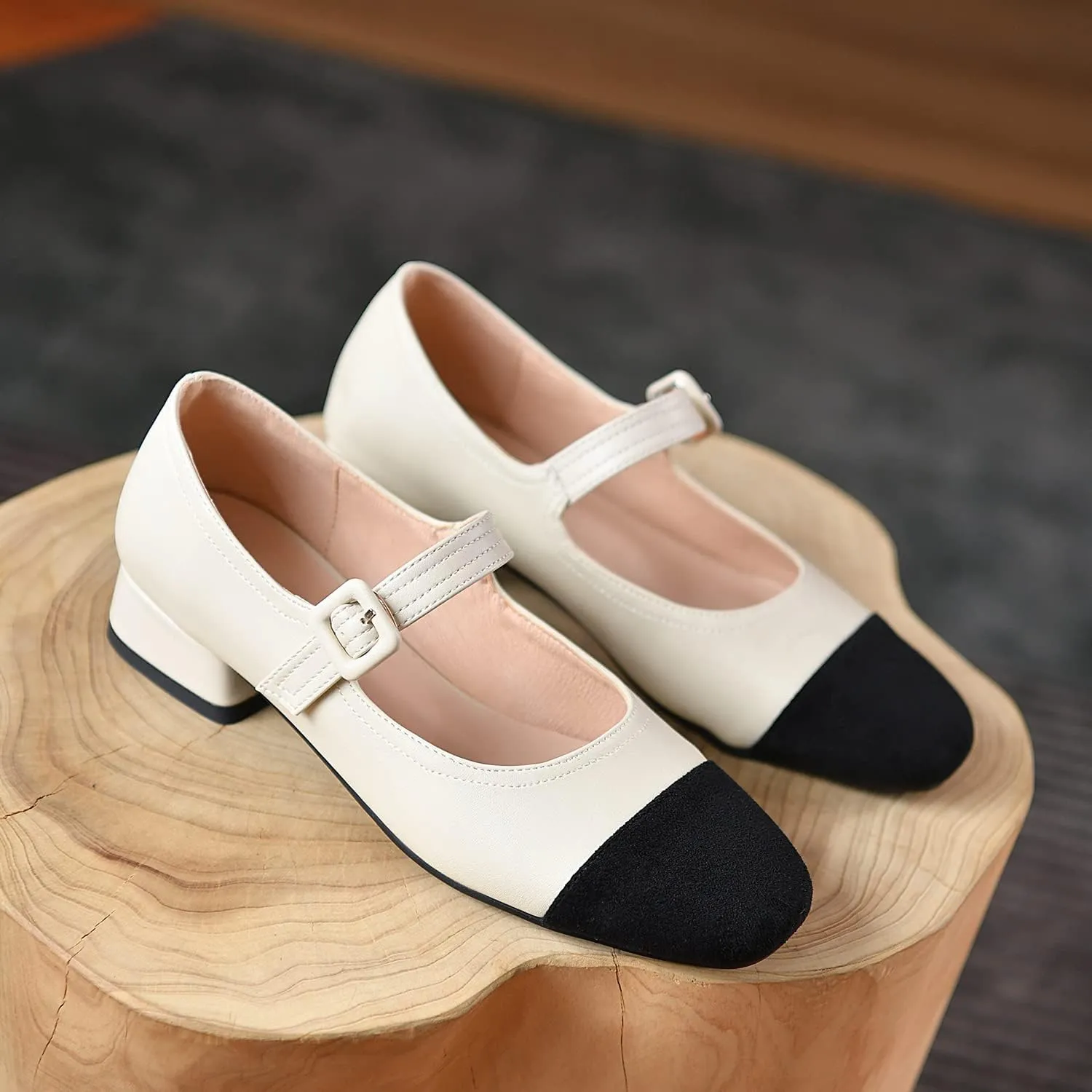 MOOMMO Women Elegant Ankle Strap Mary Jane Shoes Low Chunky Block Heel 1" Cap Toe Ballet Flats Two Tone Round Closed Toe Dress Sandals Buckle Patchwork Comfort Office Wedding Pump Chic Fall 4-10 M US