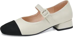 MOOMMO Women Elegant Ankle Strap Mary Jane Shoes Low Chunky Block Heel 1" Cap Toe Ballet Flats Two Tone Round Closed Toe Dress Sandals Buckle Patchwork Comfort Office Wedding Pump Chic Fall 4-10 M US