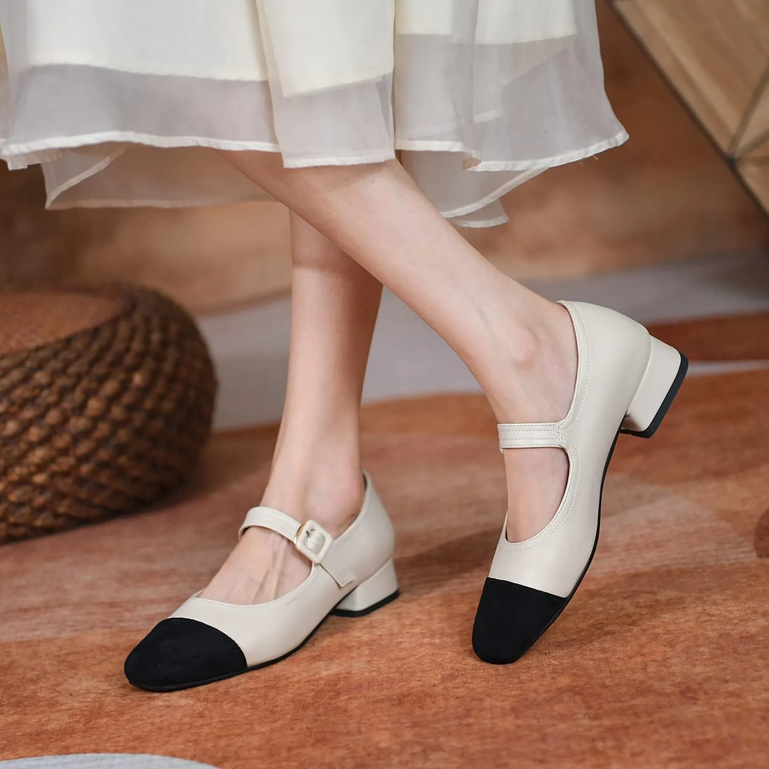 MOOMMO Women Elegant Ankle Strap Mary Jane Shoes Low Chunky Block Heel 1" Cap Toe Ballet Flats Two Tone Round Closed Toe Dress Sandals Buckle Patchwork Comfort Office Wedding Pump Chic Fall 4-10 M US