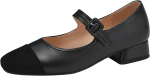 MOOMMO Women Elegant Ankle Strap Mary Jane Shoes Low Chunky Block Heel 1" Cap Toe Ballet Flats Two Tone Round Closed Toe Dress Sandals Buckle Patchwork Comfort Office Wedding Pump Chic Fall 4-10 M US