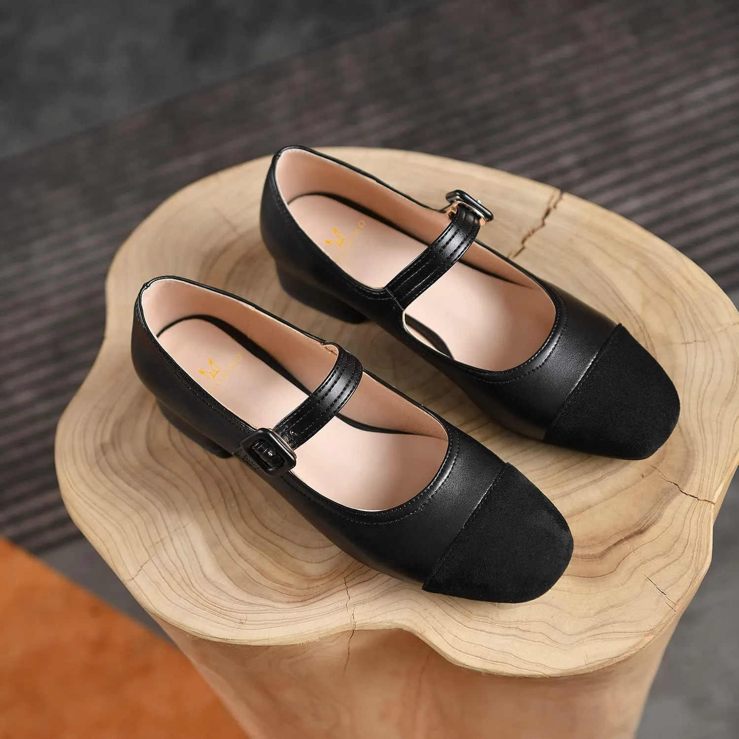 MOOMMO Women Elegant Ankle Strap Mary Jane Shoes Low Chunky Block Heel 1" Cap Toe Ballet Flats Two Tone Round Closed Toe Dress Sandals Buckle Patchwork Comfort Office Wedding Pump Chic Fall 4-10 M US