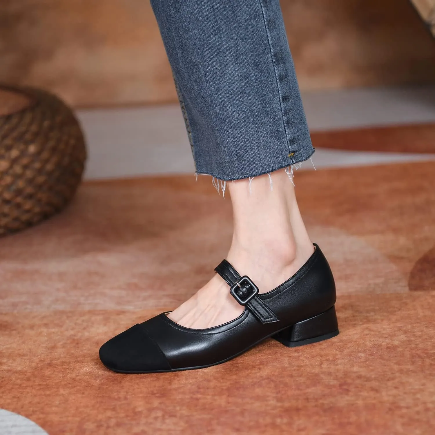 MOOMMO Women Elegant Ankle Strap Mary Jane Shoes Low Chunky Block Heel 1" Cap Toe Ballet Flats Two Tone Round Closed Toe Dress Sandals Buckle Patchwork Comfort Office Wedding Pump Chic Fall 4-10 M US