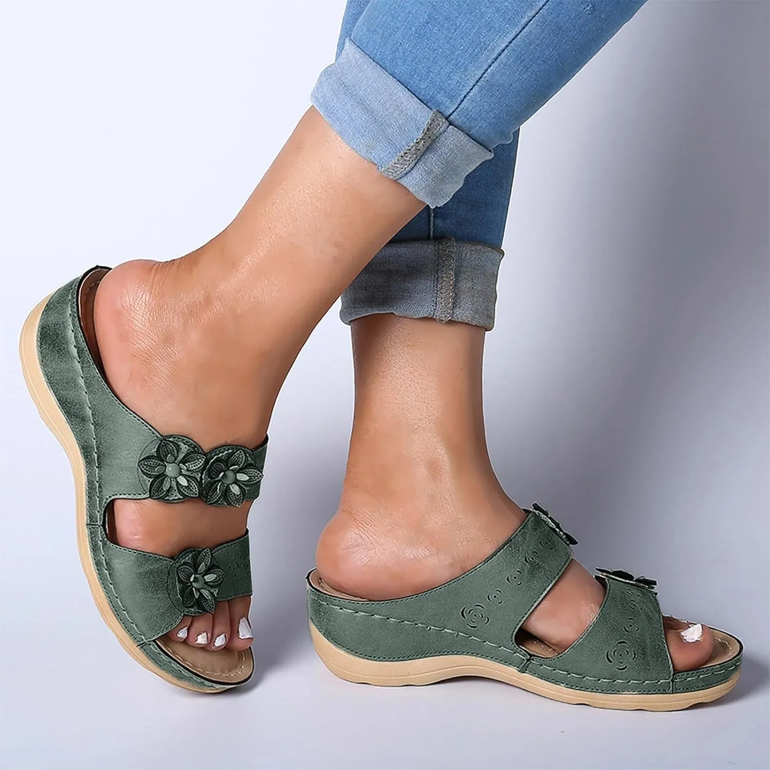 Orthopedic Sandals for Women Slip On Slide Slippers Flower Leather Arch Support Shoes Beach Outdoor Walking Sandals