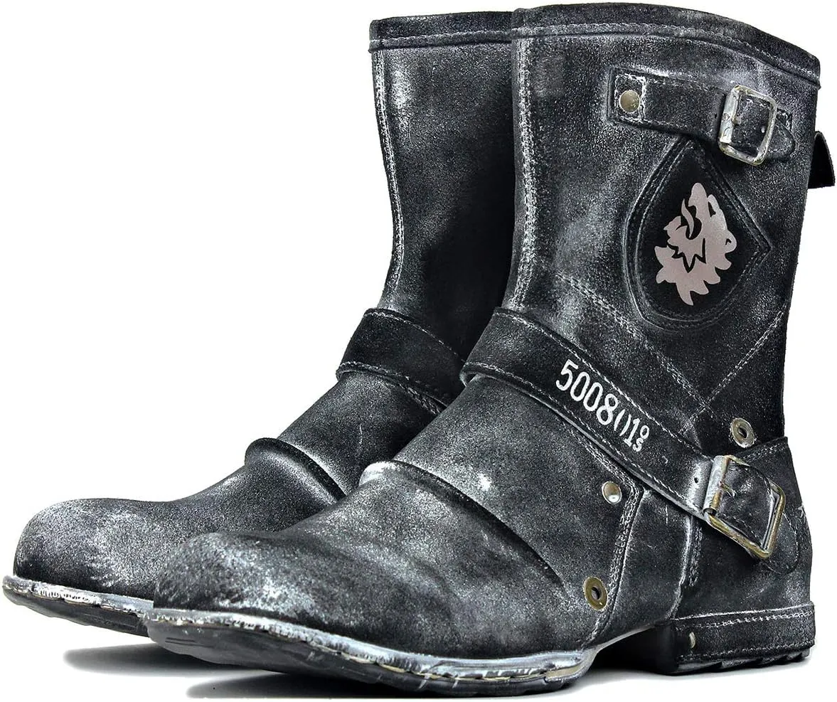 OSSTONE Moto Boots for Men Designer Fashion Zipper-up Leather Chukka Western Boots Casual Shoes OS-5008-1-HHH-R