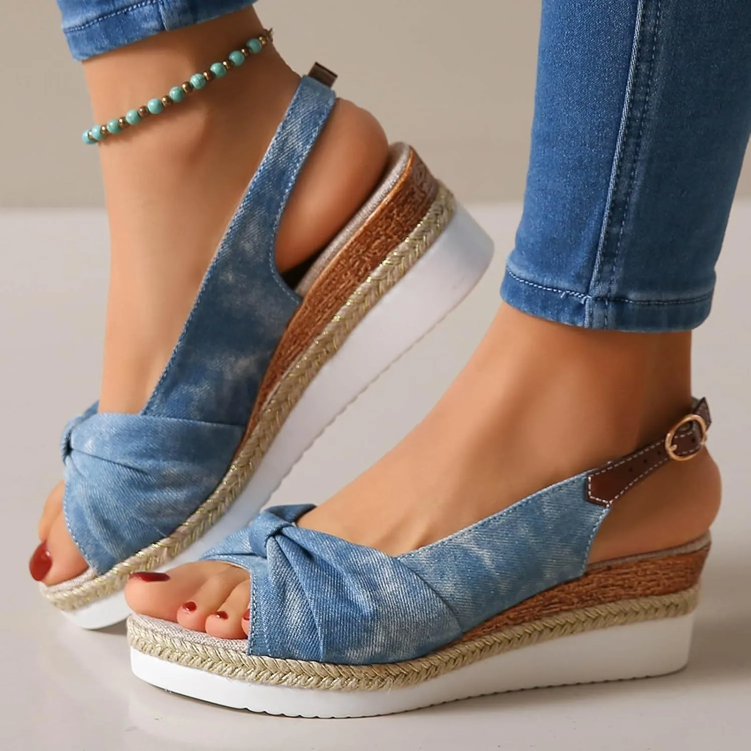 Platform Sandals Women Elastic Ankle Strap Open Toe Flower Shoes Women's Ankle Strap Low Wedge Sandals