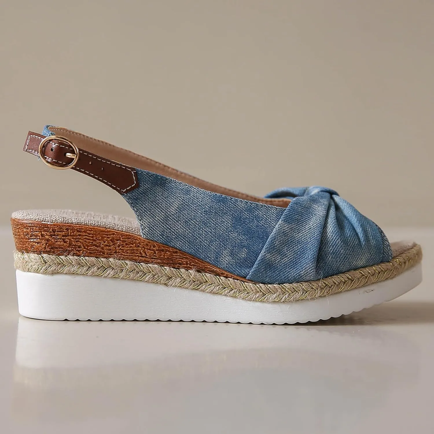 Platform Sandals Women Elastic Ankle Strap Open Toe Flower Shoes Women's Ankle Strap Low Wedge Sandals