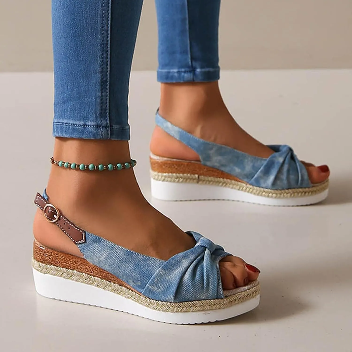 Platform Sandals Women Elastic Ankle Strap Open Toe Flower Shoes Women's Ankle Strap Low Wedge Sandals