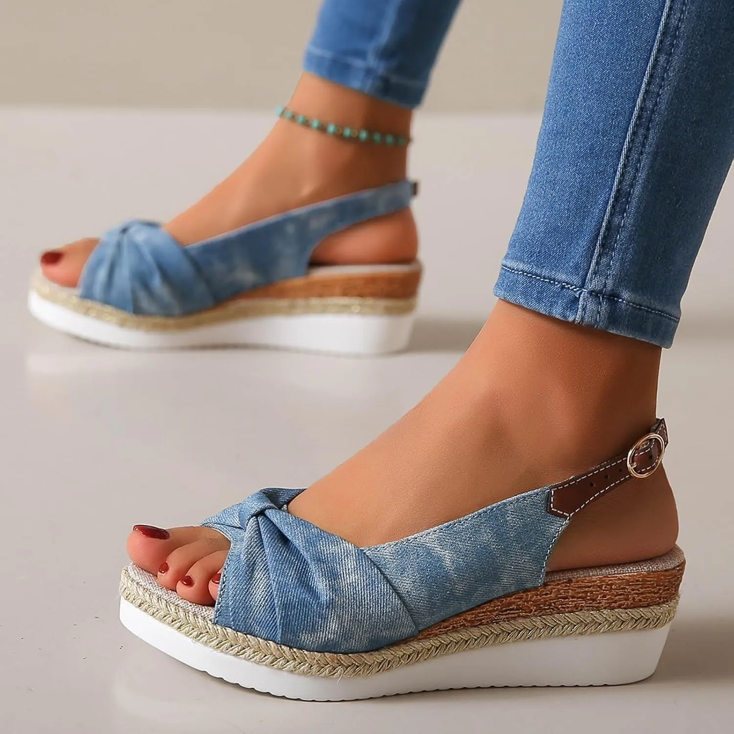 Platform Sandals Women Elastic Ankle Strap Open Toe Flower Shoes Women's Ankle Strap Low Wedge Sandals