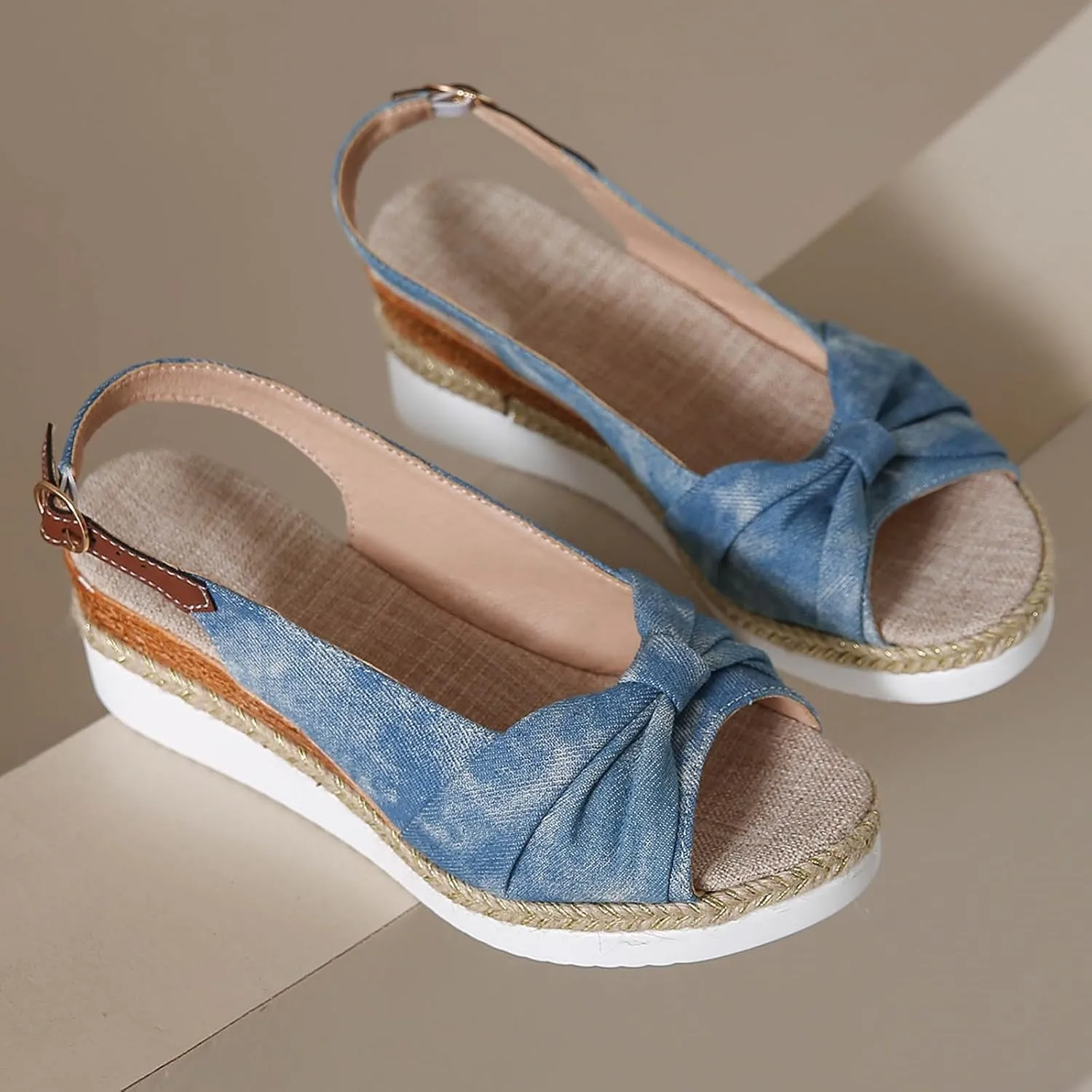 Platform Sandals Women Elastic Ankle Strap Open Toe Flower Shoes Women's Ankle Strap Low Wedge Sandals