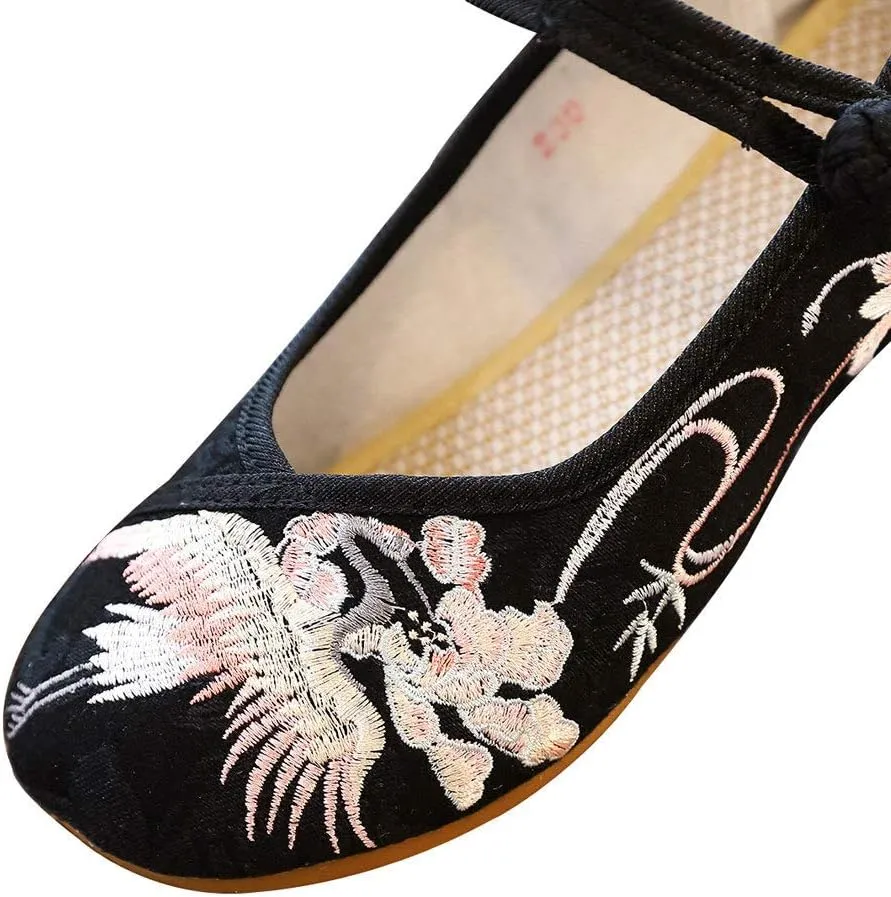 SAILING LU Embroidered Shoes for Women - Comfort Loafers Black Casual Round Toe Ballet Flats Shoes