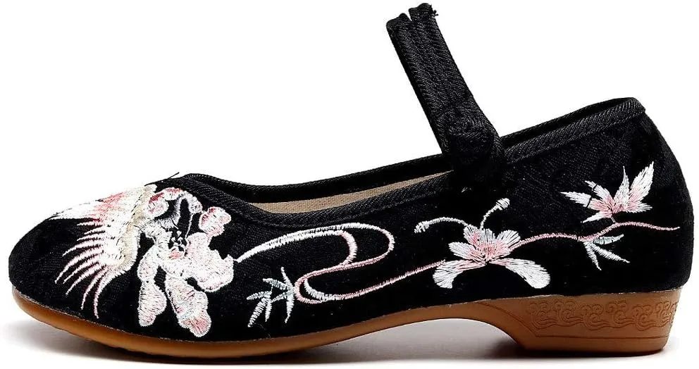 SAILING LU Embroidered Shoes for Women - Comfort Loafers Black Casual Round Toe Ballet Flats Shoes