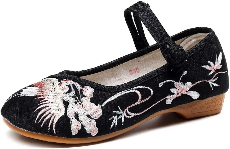 SAILING LU Embroidered Shoes for Women - Comfort Loafers Black Casual Round Toe Ballet Flats Shoes
