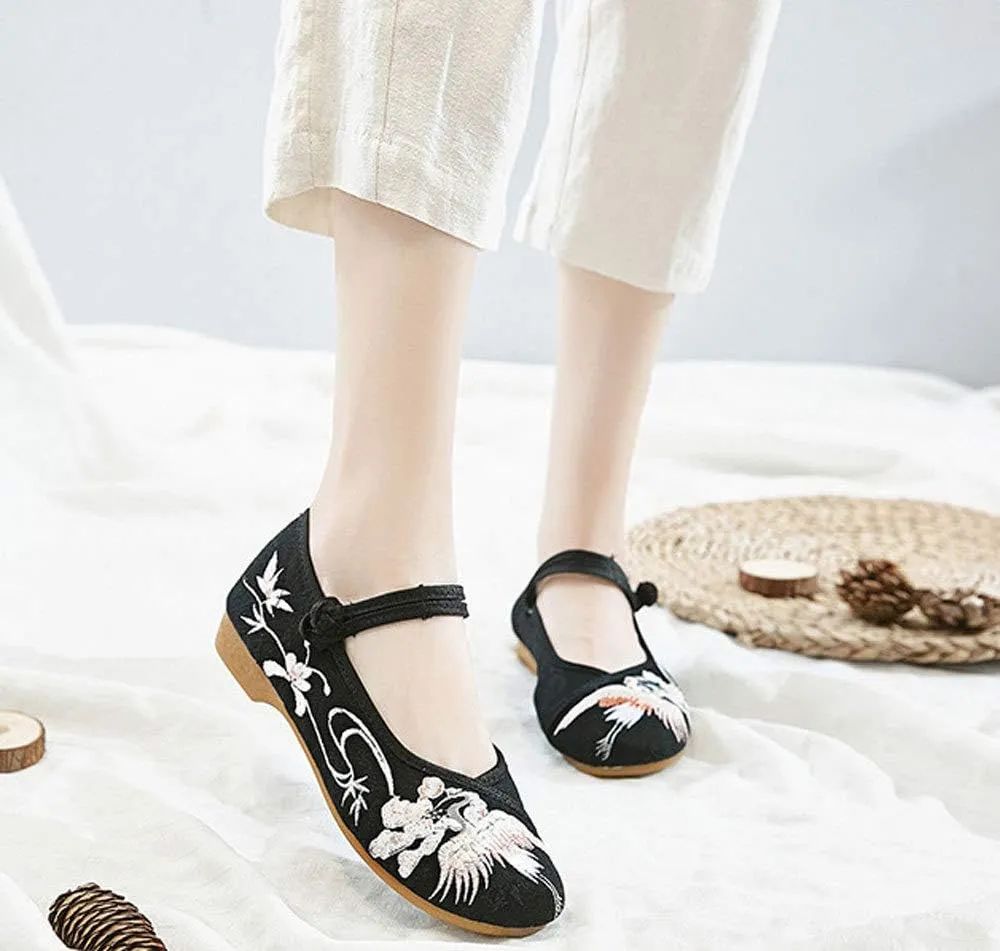 SAILING LU Embroidered Shoes for Women - Comfort Loafers Black Casual Round Toe Ballet Flats Shoes