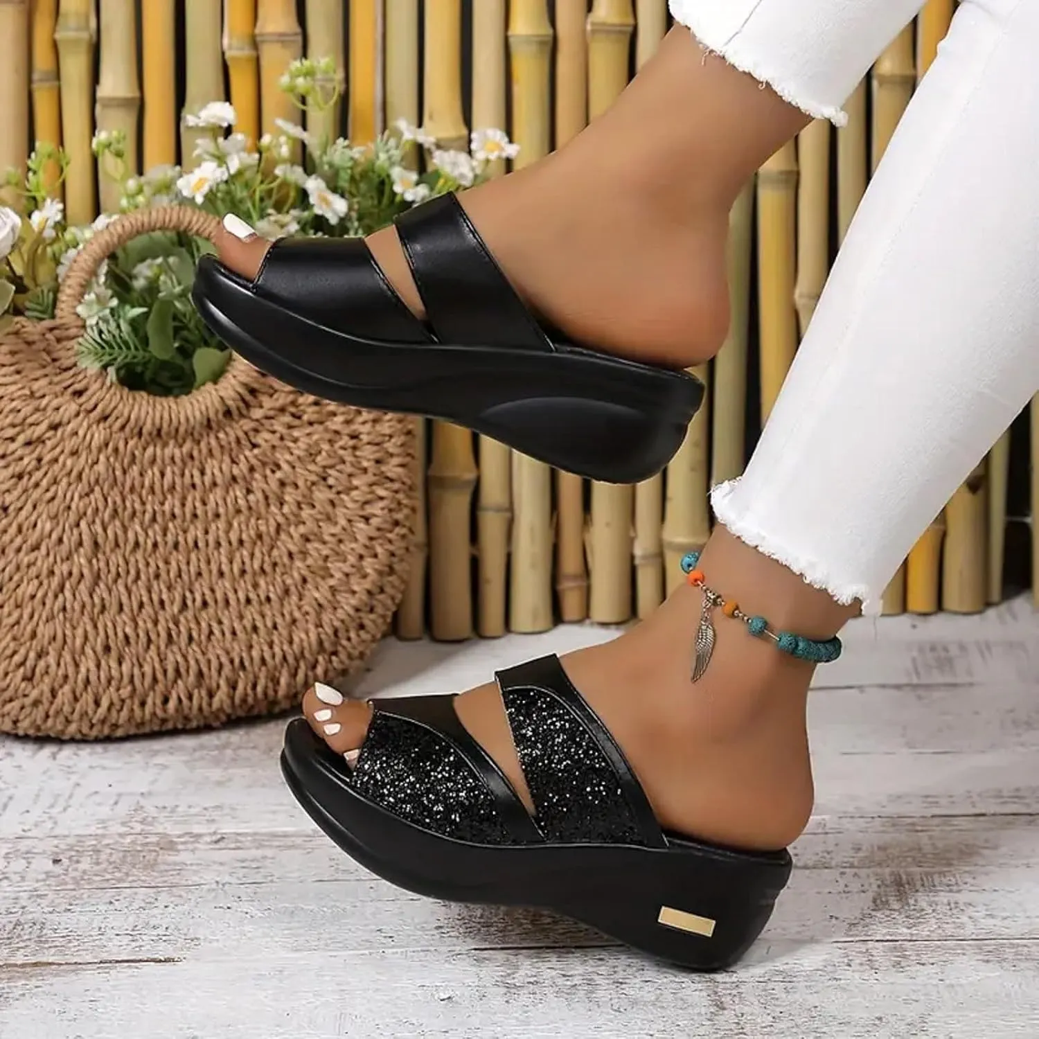 Sandals for Women 2025 Wide Width Two Bands Wedge Slippers Soft Cushion Comfortable Walking Slip on Women Shoes