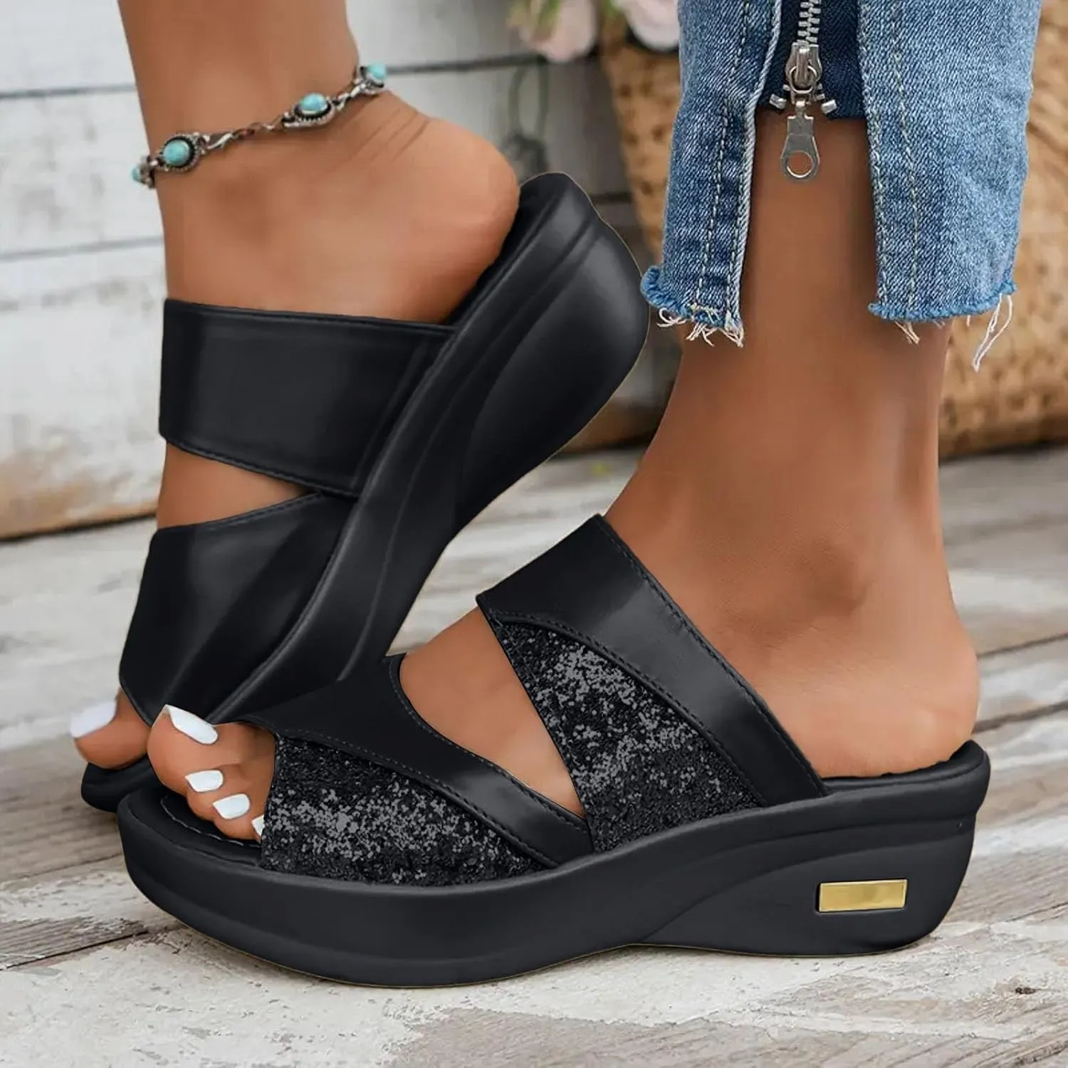 Sandals for Women 2025 Wide Width Two Bands Wedge Slippers Soft Cushion Comfortable Walking Slip on Women Shoes